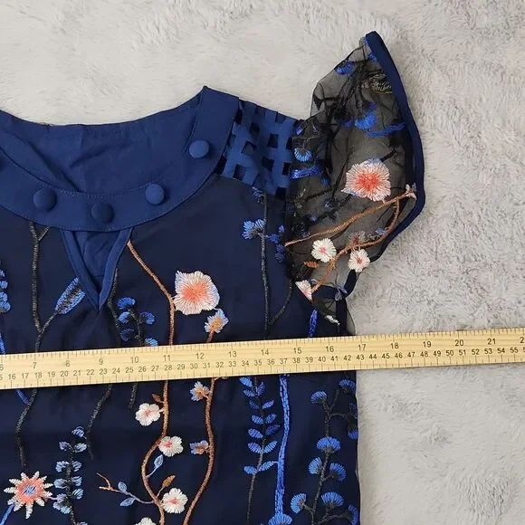 Floral Embroidered Mesh Blouse Women’s Small Blue Sheer Sleeve Top Boho Romantic - Picture 7 of 9